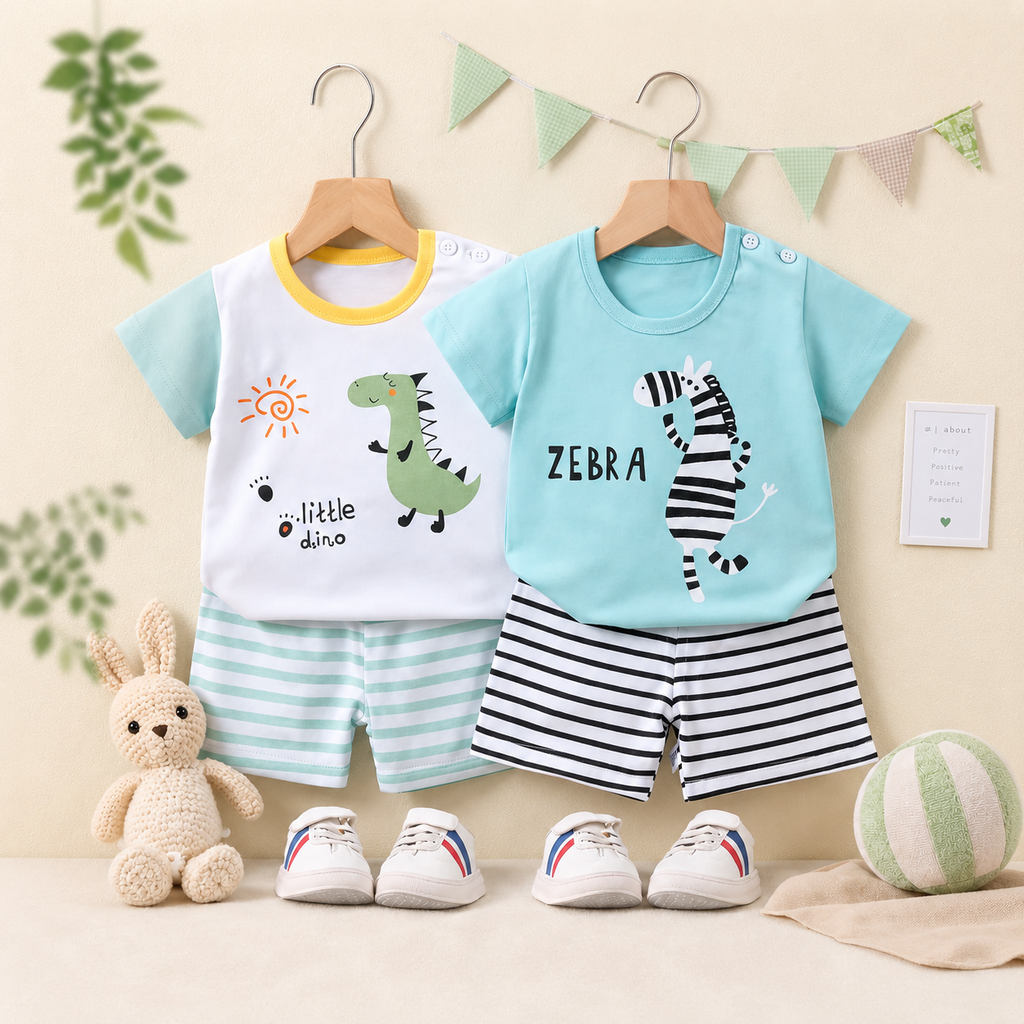 Dino & Zebra Kids Set – Soft Cotton 2-Piece Outfit